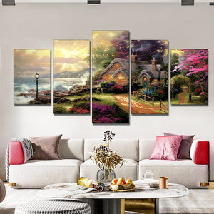 5pcs Set Village Canvas Painting House Small Road Trees Oil Painting Posters And Prints Wall