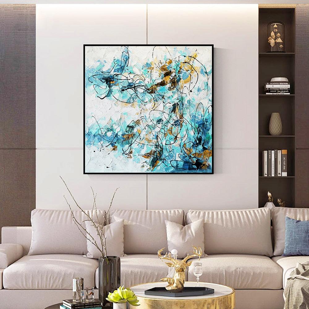 Abstract Blue White Black Painting On Canvas Modern Nordic Abstract Wall Art Prints