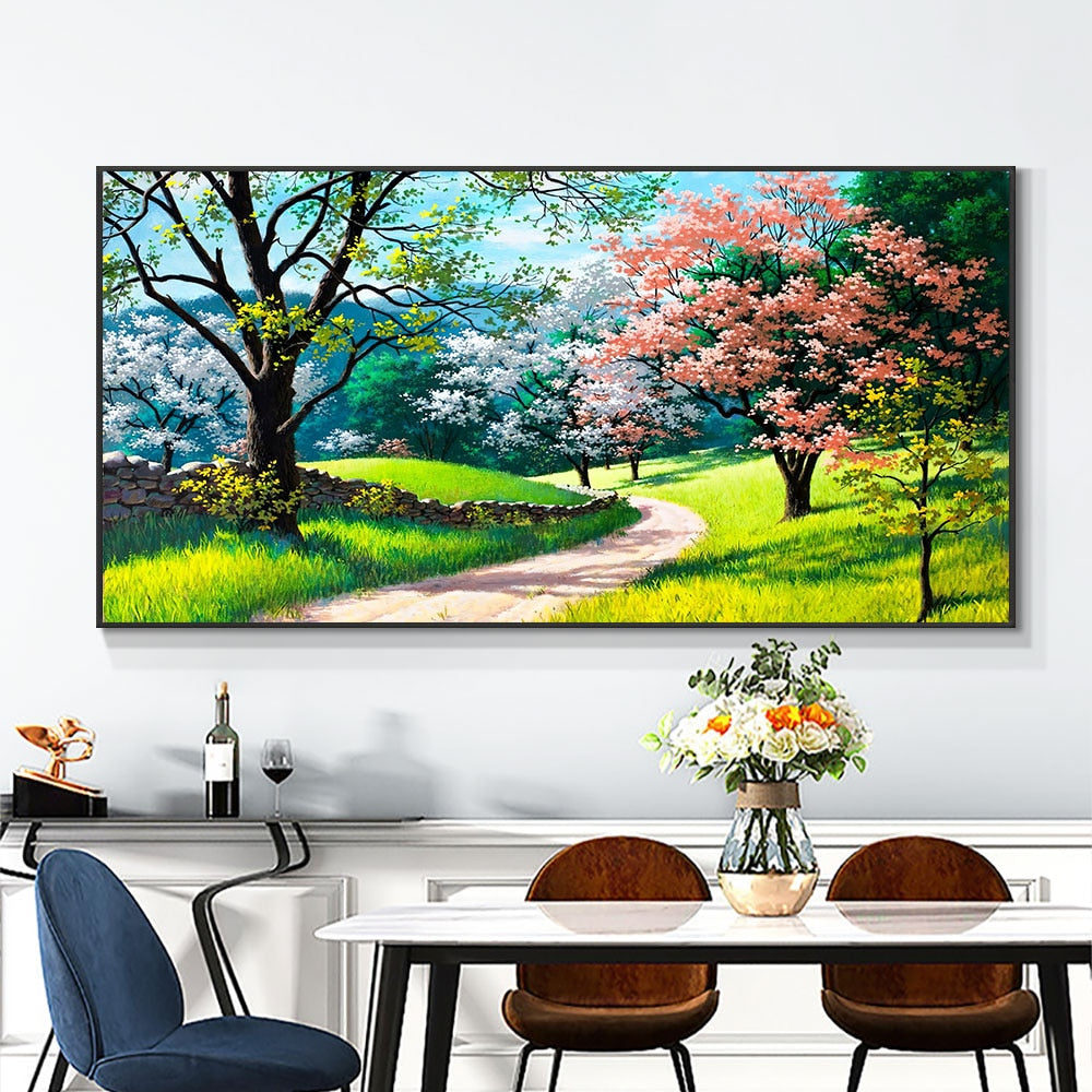 Landscape Oil Painting Green Trees Pink Flowers Reproductions on Canvas Posters