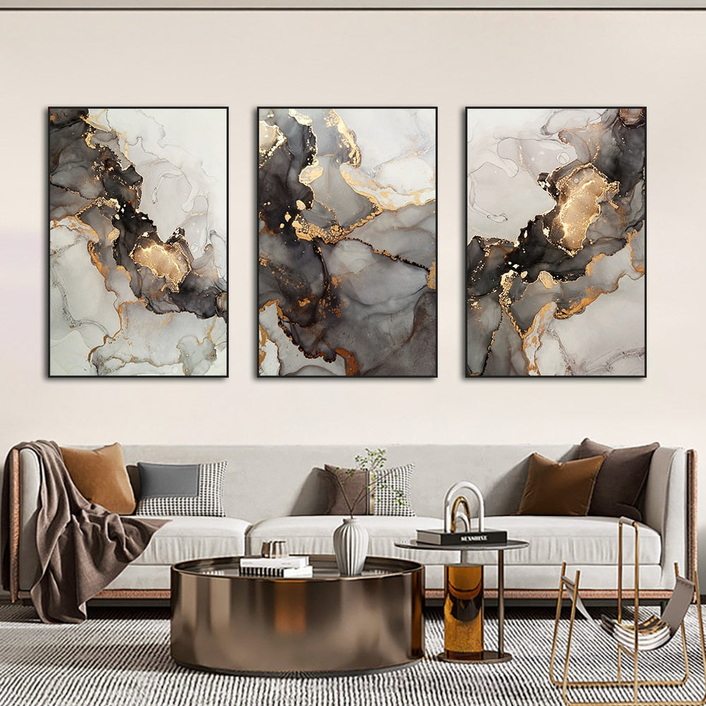 Abstract Coffee Marble With Gold Foils Canvas Painting Nordic Posters