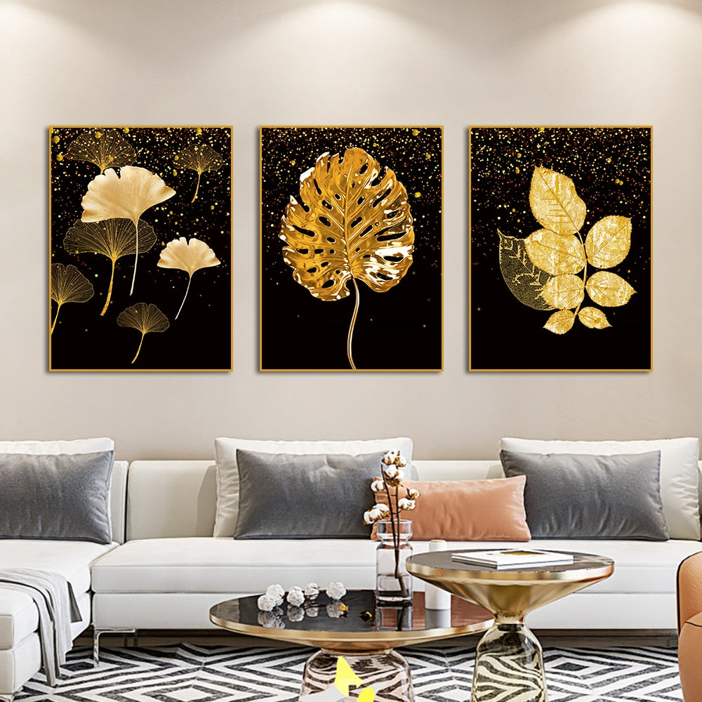 Abstract Golden Leaves Canvas Painting Modern Nordic Posters