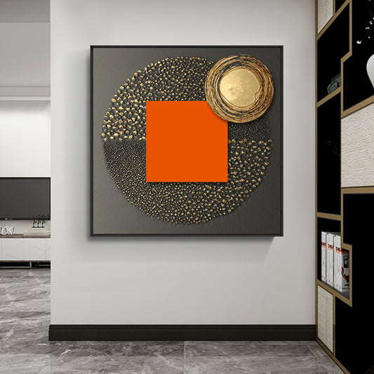Abstract Black Circle With Golden Foils Orange Geometric Canvas Painting Nordic