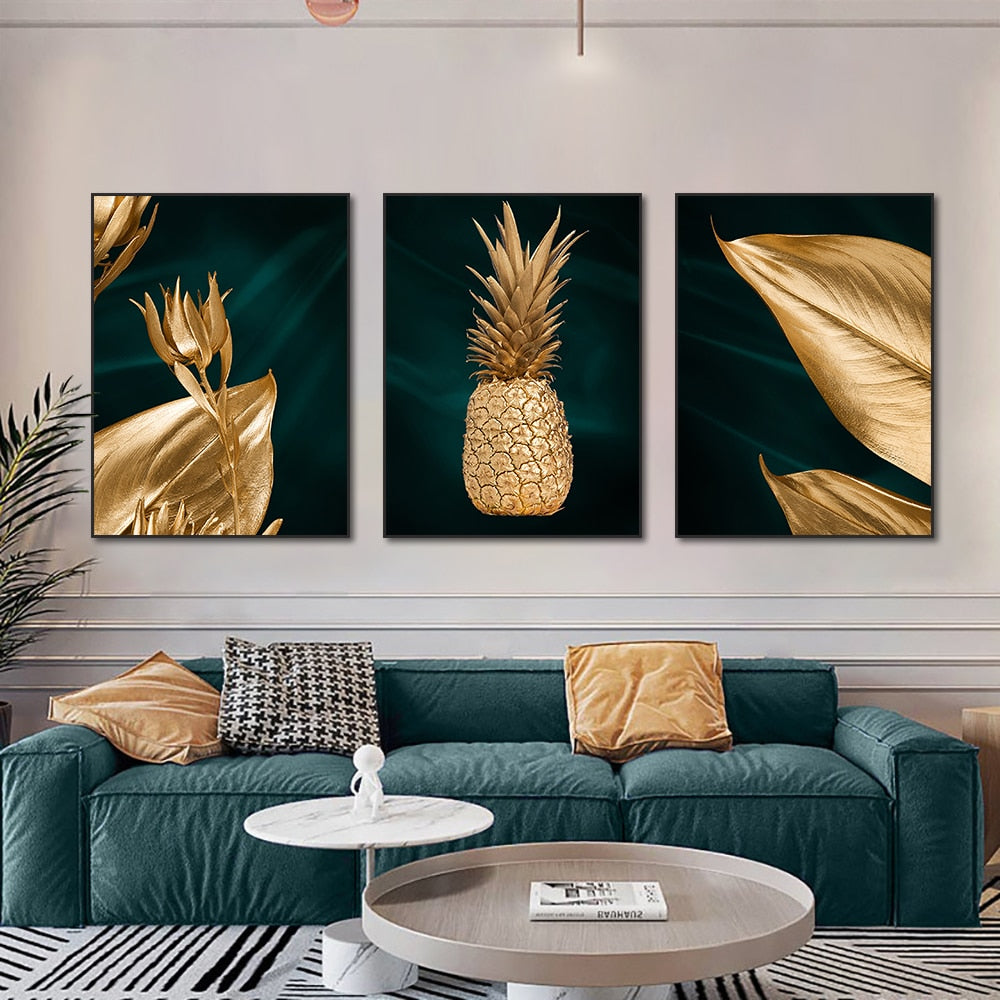 Abstract Golden Pineapple Canvas Painting Modern Nordic Golden Leaves Posters