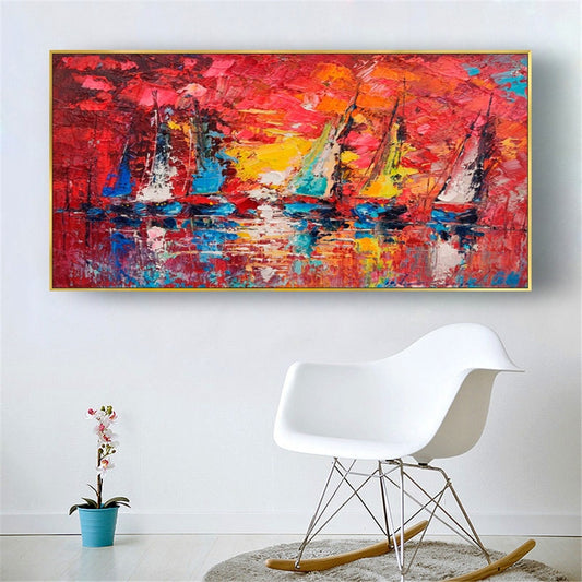 Large Handmade Sailboat Oil Painting On Canvas Picture Colorful